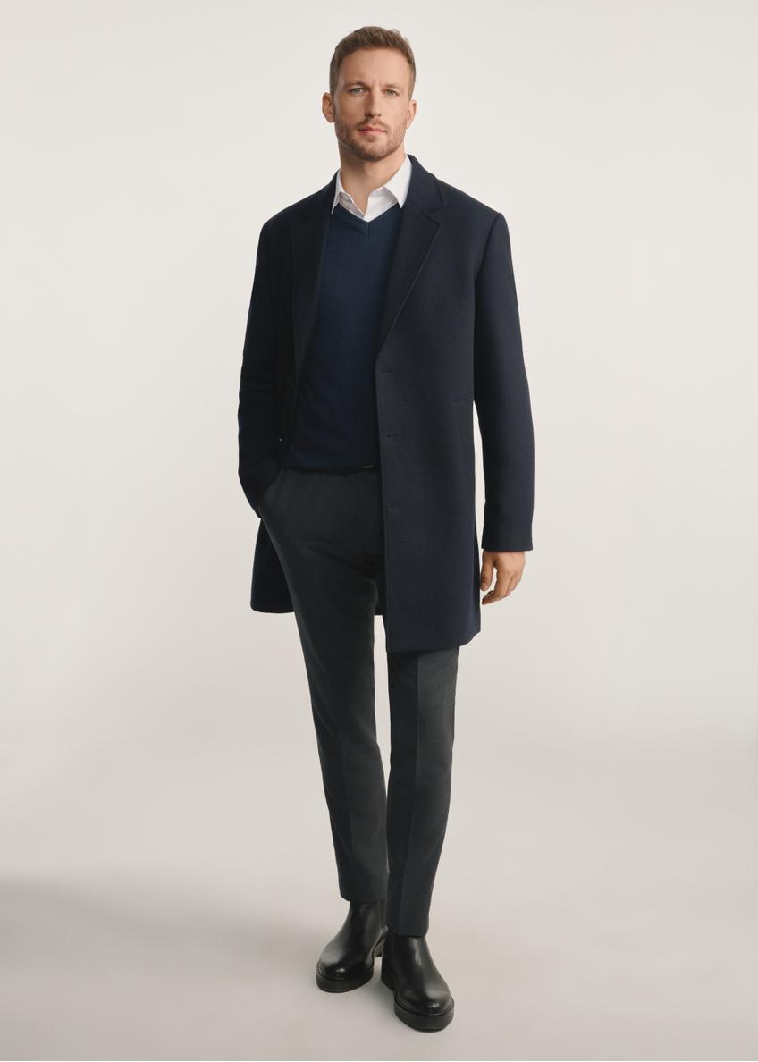Navy blue men's coat PLAMT-0006-69(Z25), product visible from the front on the model, the entire silhouette is visible.