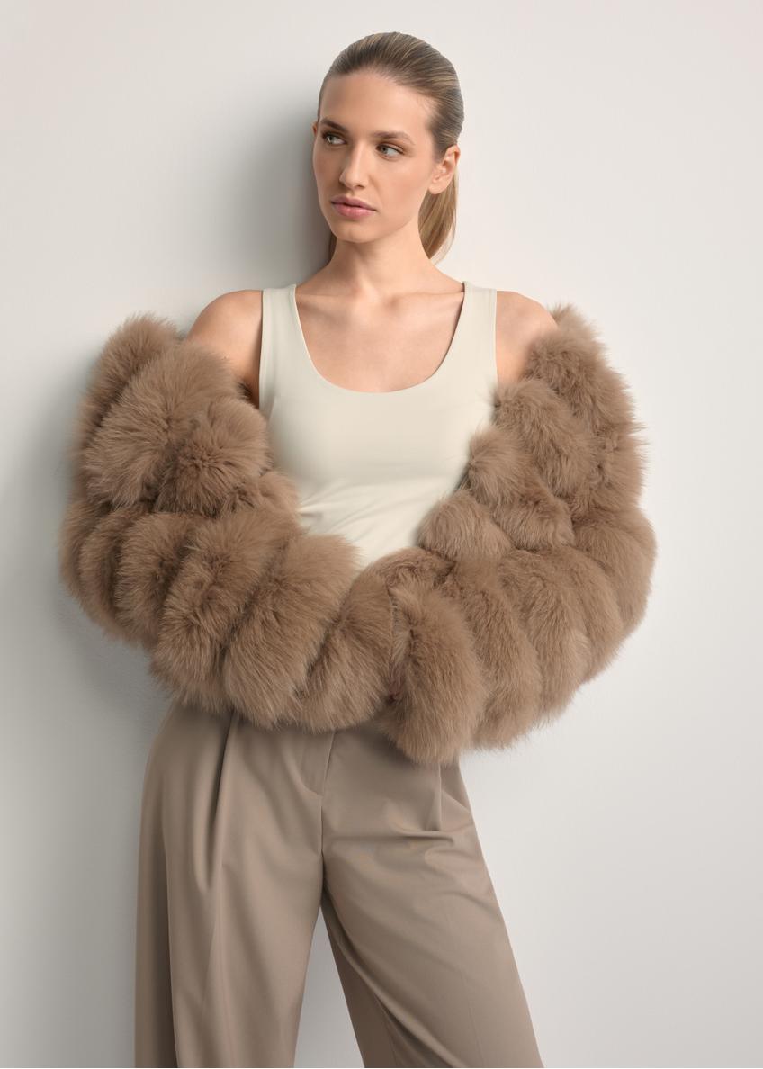Beige women's fur coat with collar FUTDF-0100-1343(Z25)