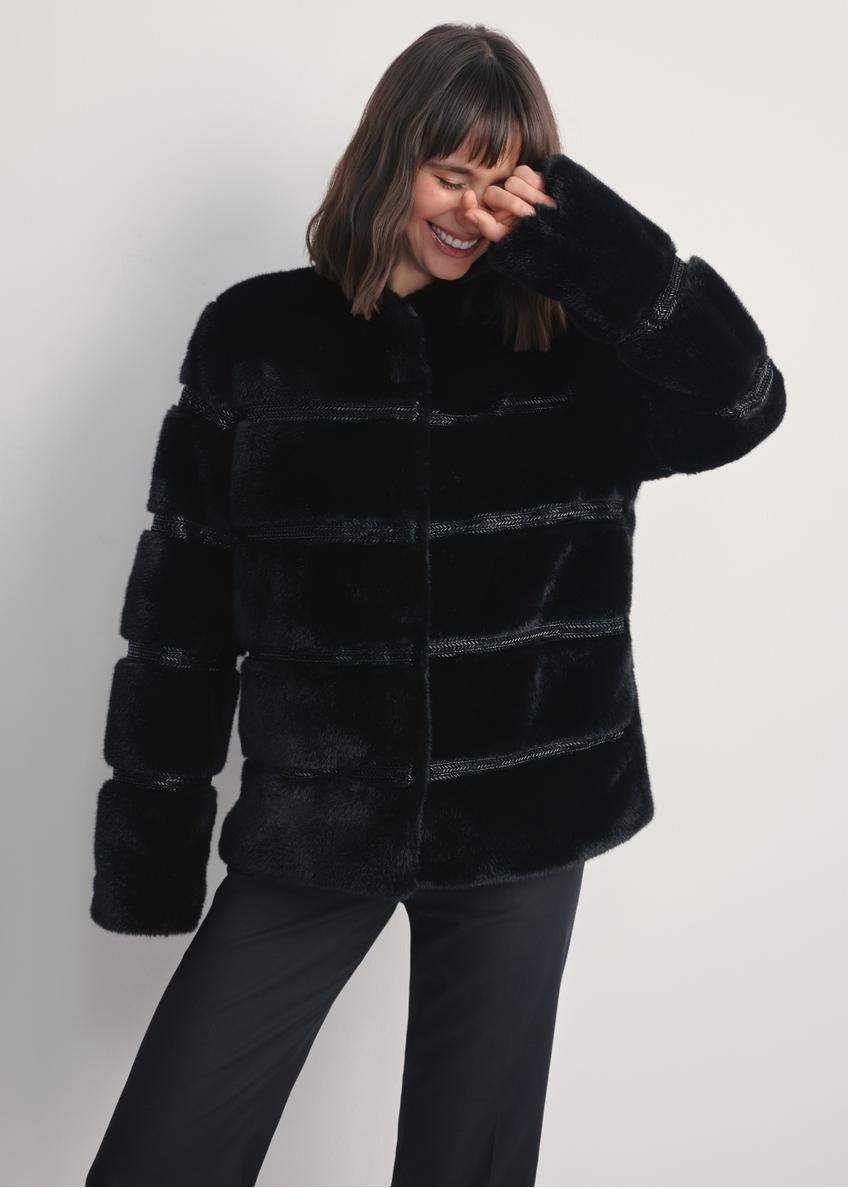 Women's black fur coat with applications FUTDP-0067-99(Z25)