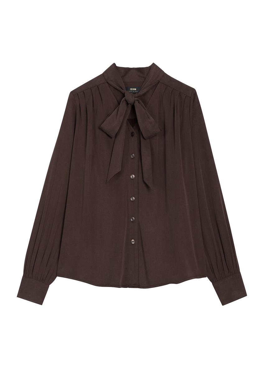 Brown women's shirt with a tie detail KOSDT-0198-1I(Z26), front view of the product on a white background.