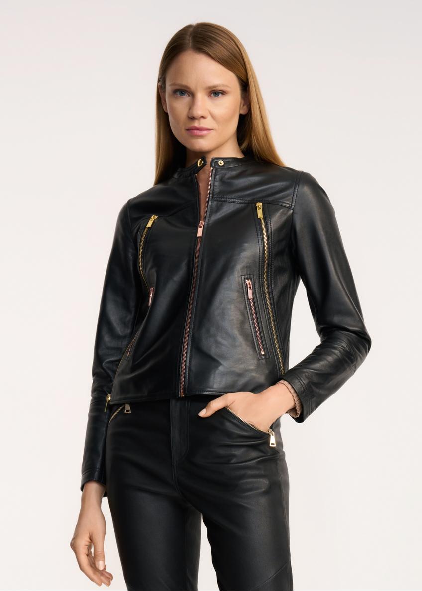 Women's black leather jacket with zippers KURDS-0377-5491(Z22)-01