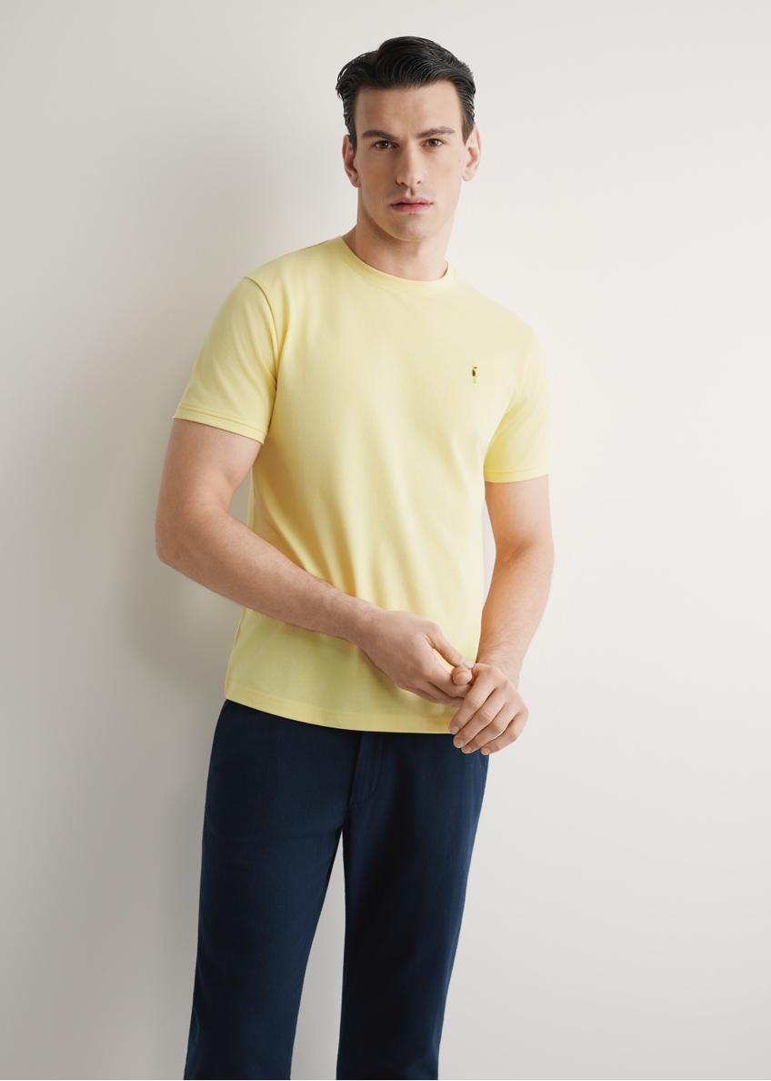 Men's yellow cotton t-shirt TSHMT-0136-2B(W26), front view of the product on the model. Half of the silhouette visible.