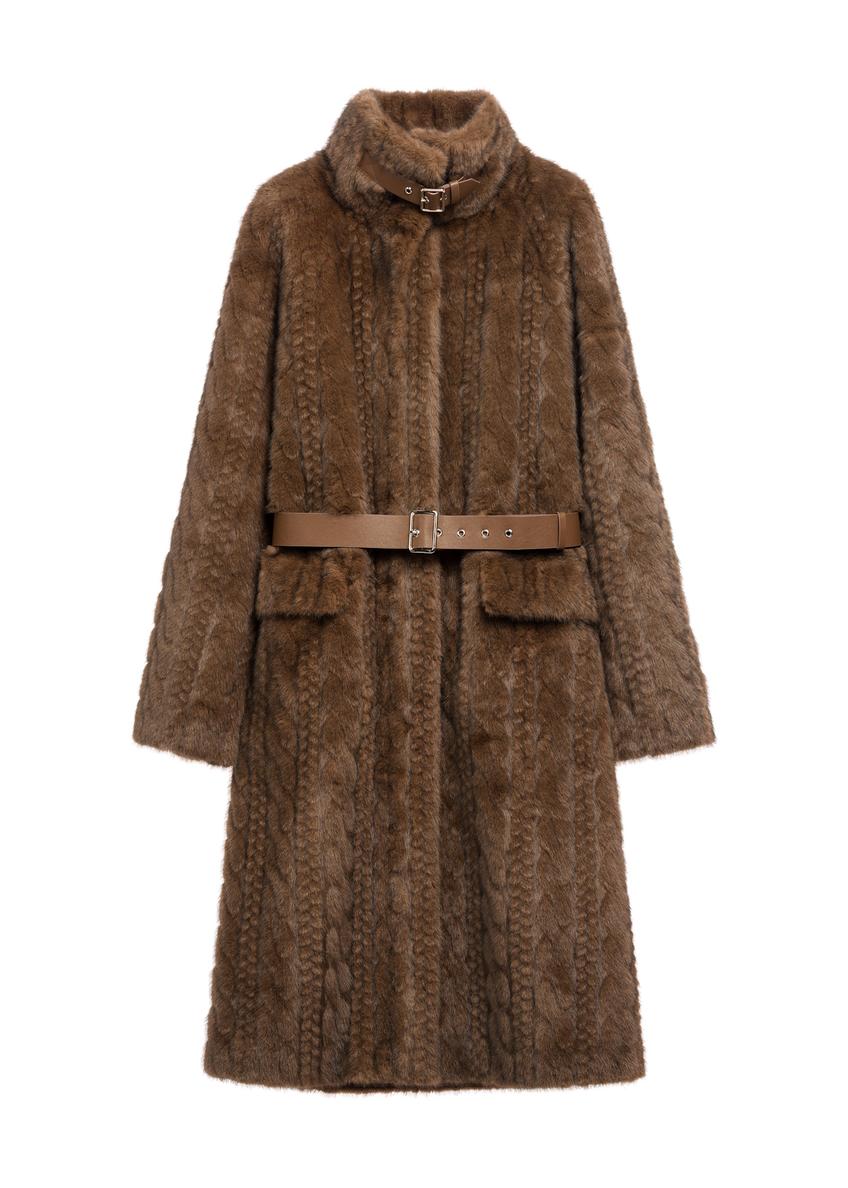 Brown long women's fur coat FUTDP-0065-89(Z25) - front product view on white background.