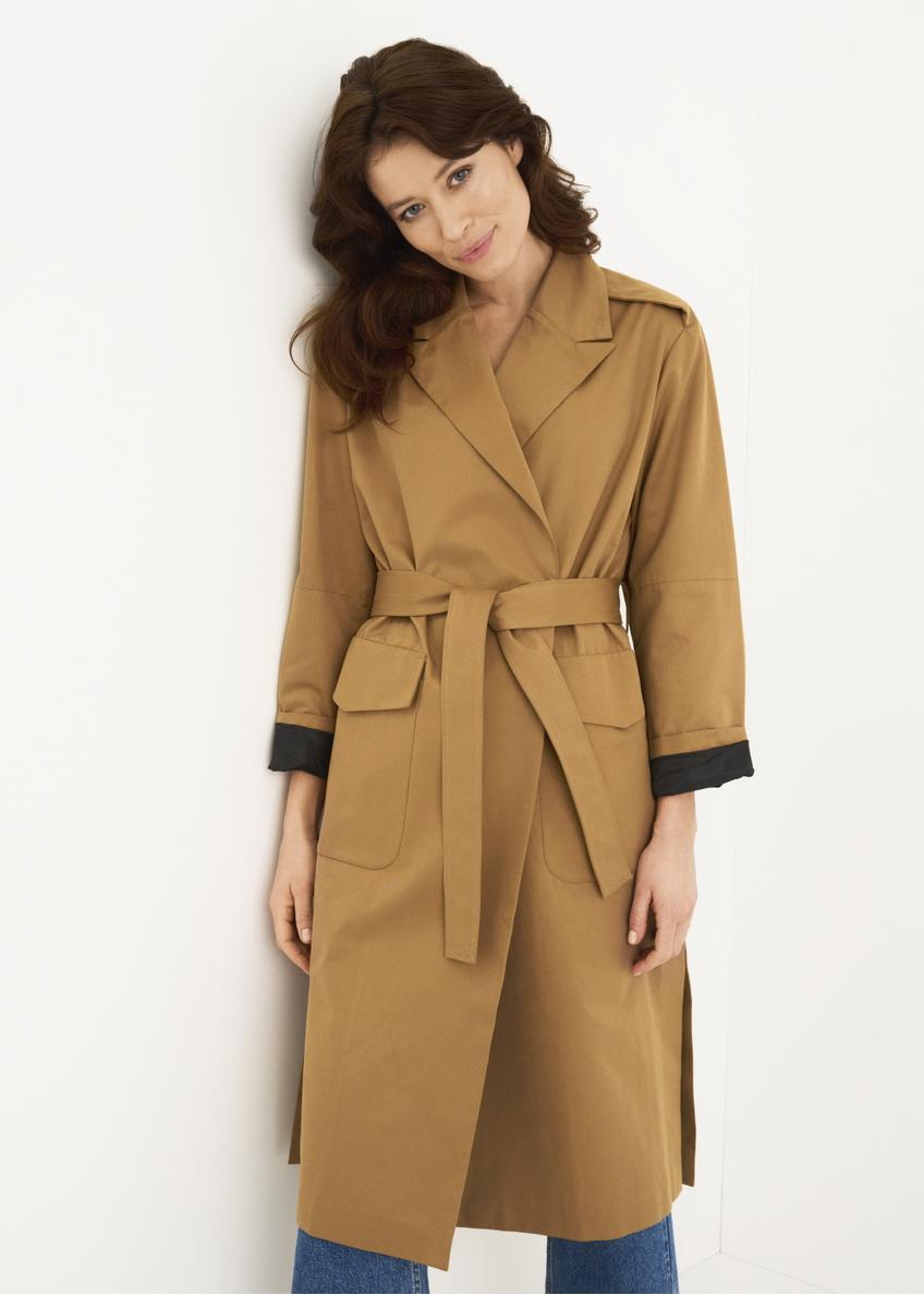 Women's honey colored coat with belt KURDT-0357-81(W22)-01