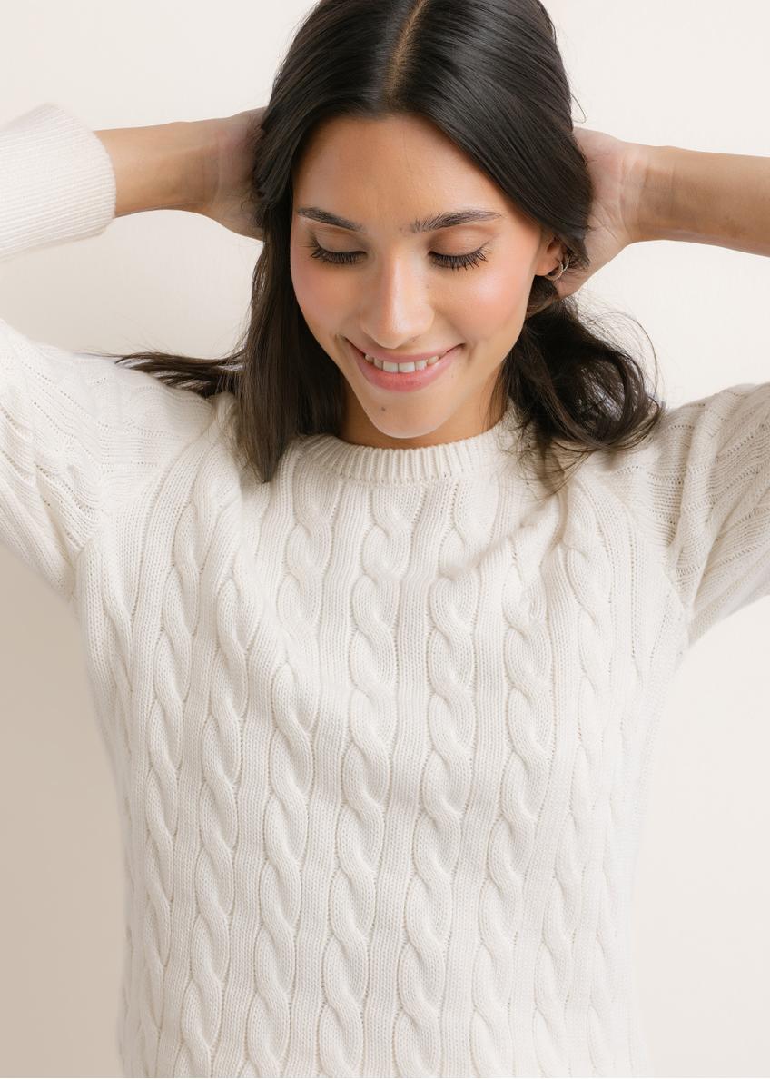 Cream cotton women's sweater SWEDT-0269-0B(Z26), front view on a model. Half-body shot.