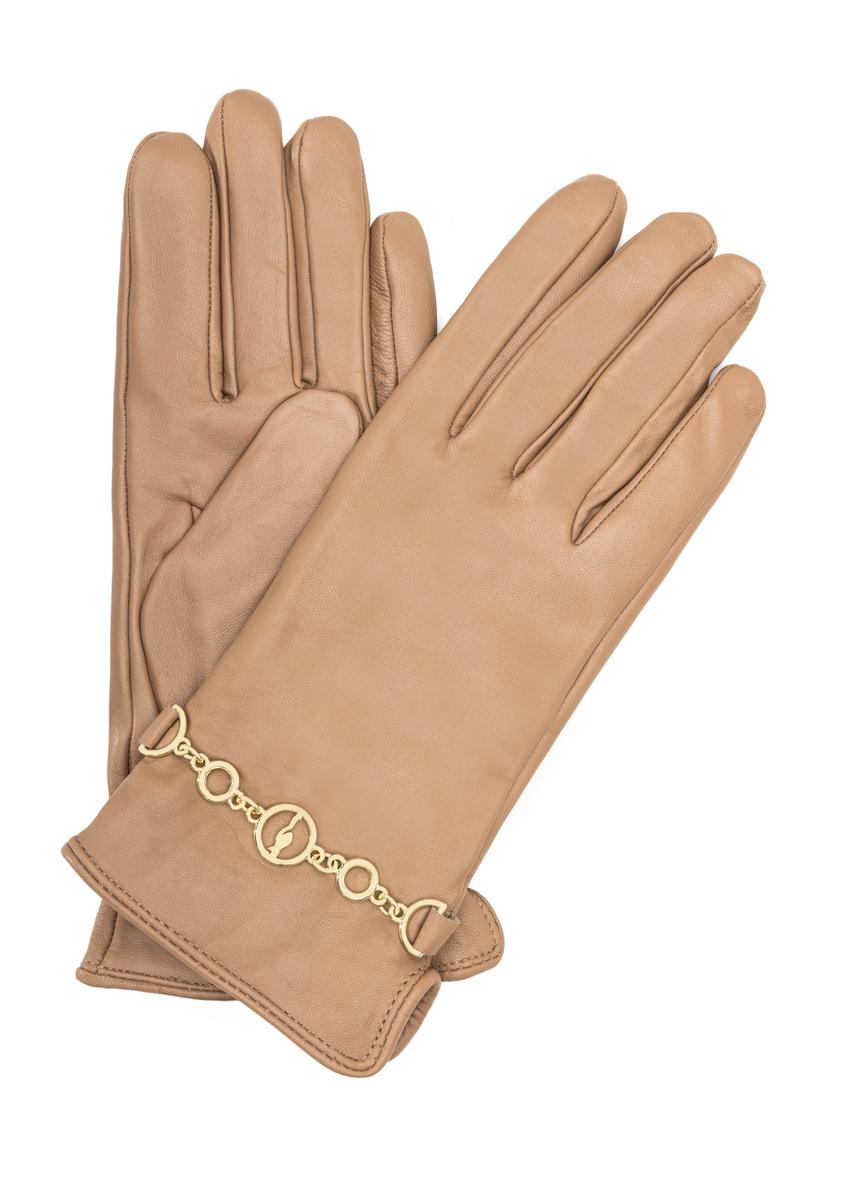Women's leather gloves with chain REKDS-0101-81(Z25), product view from the front and back on a white background.