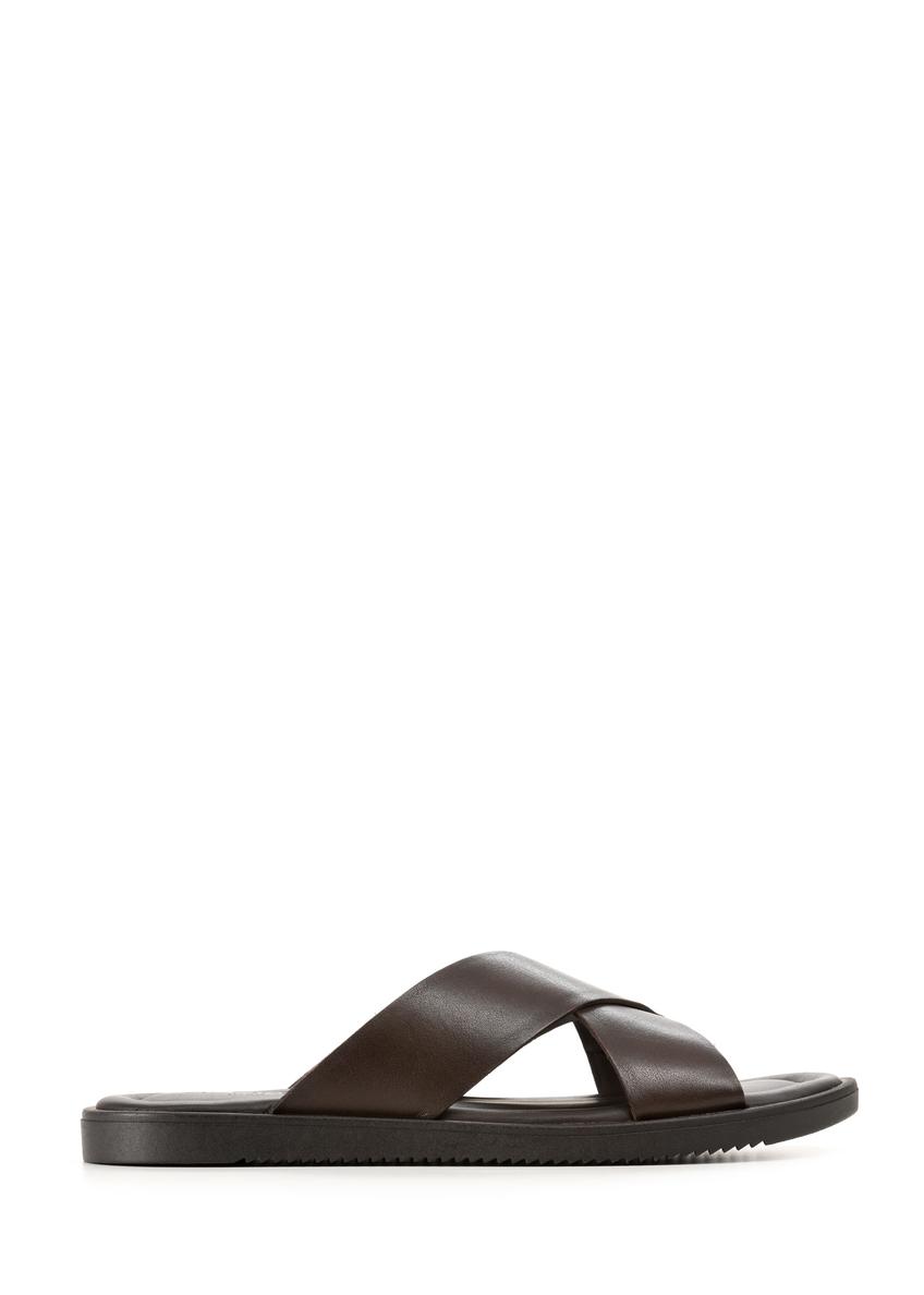 Men's dark brown leather slides BUTYM-0536-1I(W26), side view of the product on a white background.