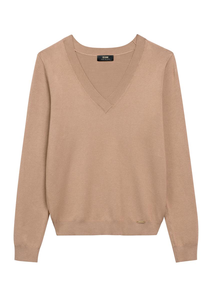 Women's V-neck sweater in camel color SWEDT-0201-1D(W26)
