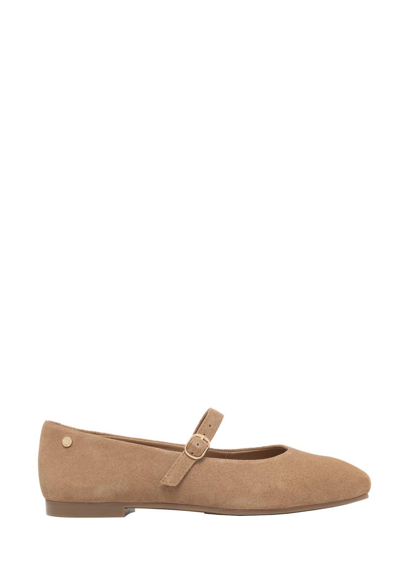 Beige suede ballet flats with belt BUTYD-1145-1B(Z26), side view of the product on a light background.