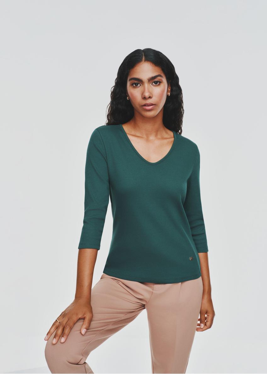 Dark green V-neck women's blouse LSLDT-0036-53(Z24)-02