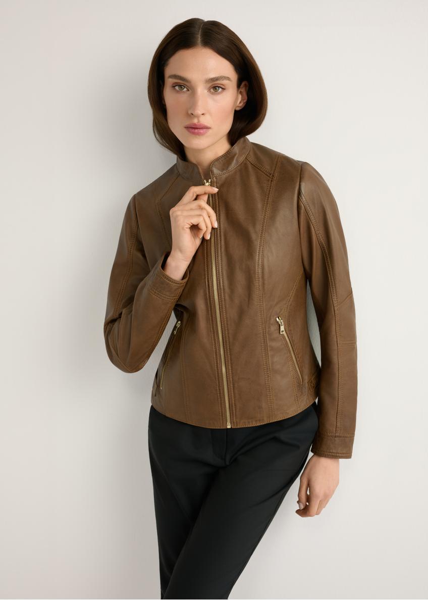 Women's brown leather jacket KURDS-0602-1F(W26), front view of the product on the model. Half of the silhouette visible.