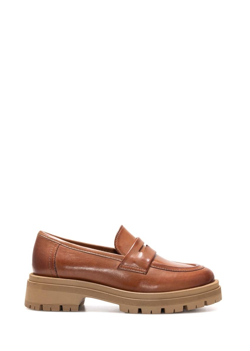 Women's leather moccasins in cognac color BUTYD-1187-1F(Z26), side view of the product on a white background.