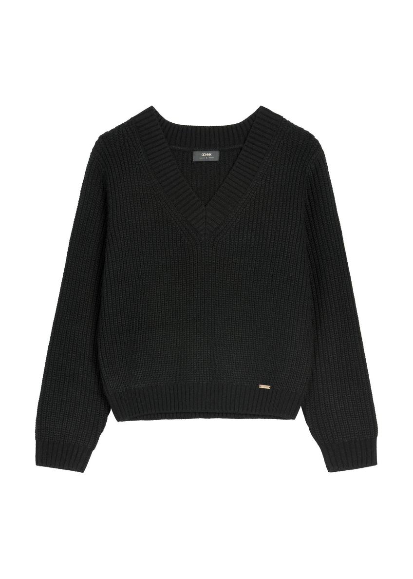 Black women's V-neck sweater SWEDT-0162-99(Z26)