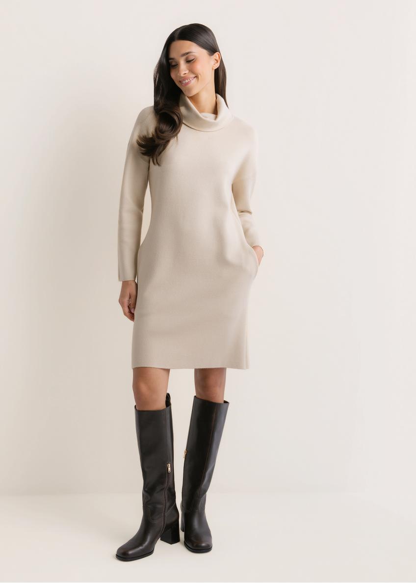 Light beige turtleneck dress SUKDT-0206A-1A(Z26), front view of the product on the model. Full body visible.