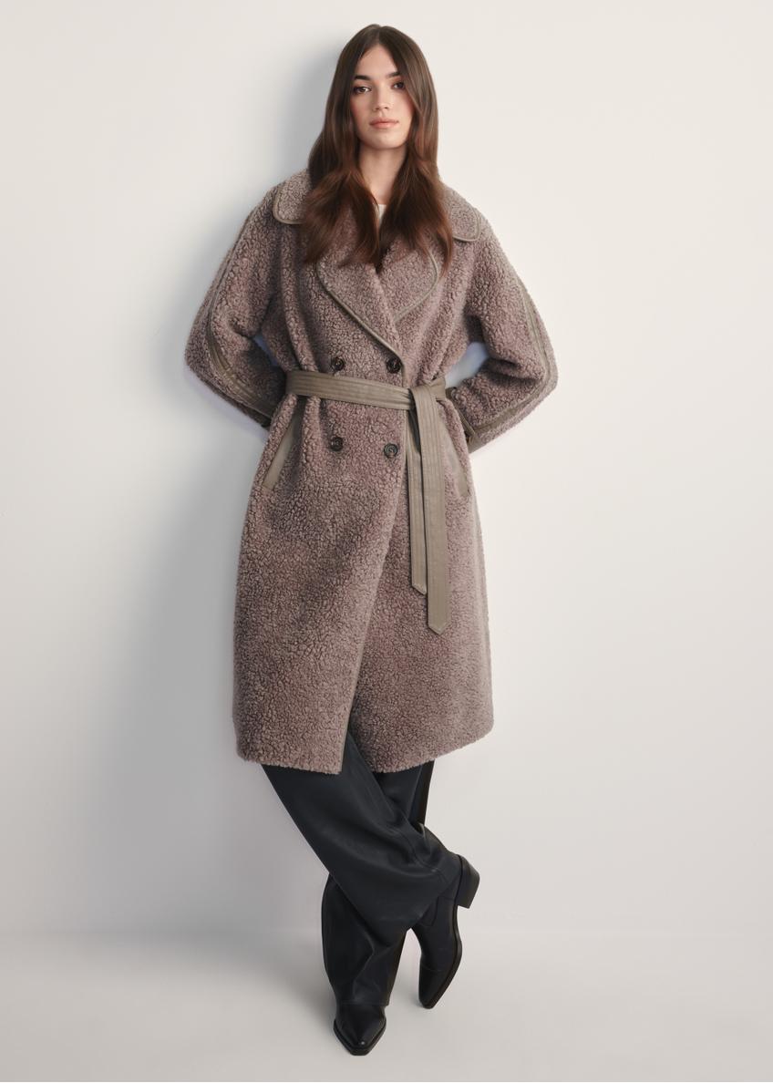 Women's brown wool-blend fur coat FUTDW-0035-91(Z25) - front view of the product on a model against a white background. Full body visible.