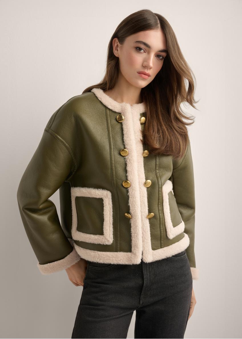 Women's short khaki sheepskin coat KOZDP-0015-8D(Z26), front view of the product on a model. Half of the silhouette visible.