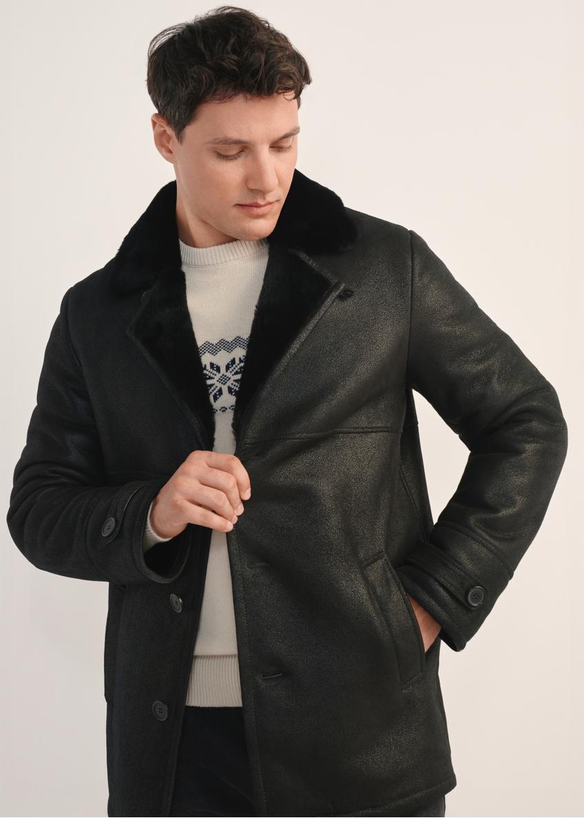 Black men's sheepskin coat made of genuine leather KOZMS-0026-3191(Z25) - front view of the product, on a model, against a white background. Half of the silhouette visible.