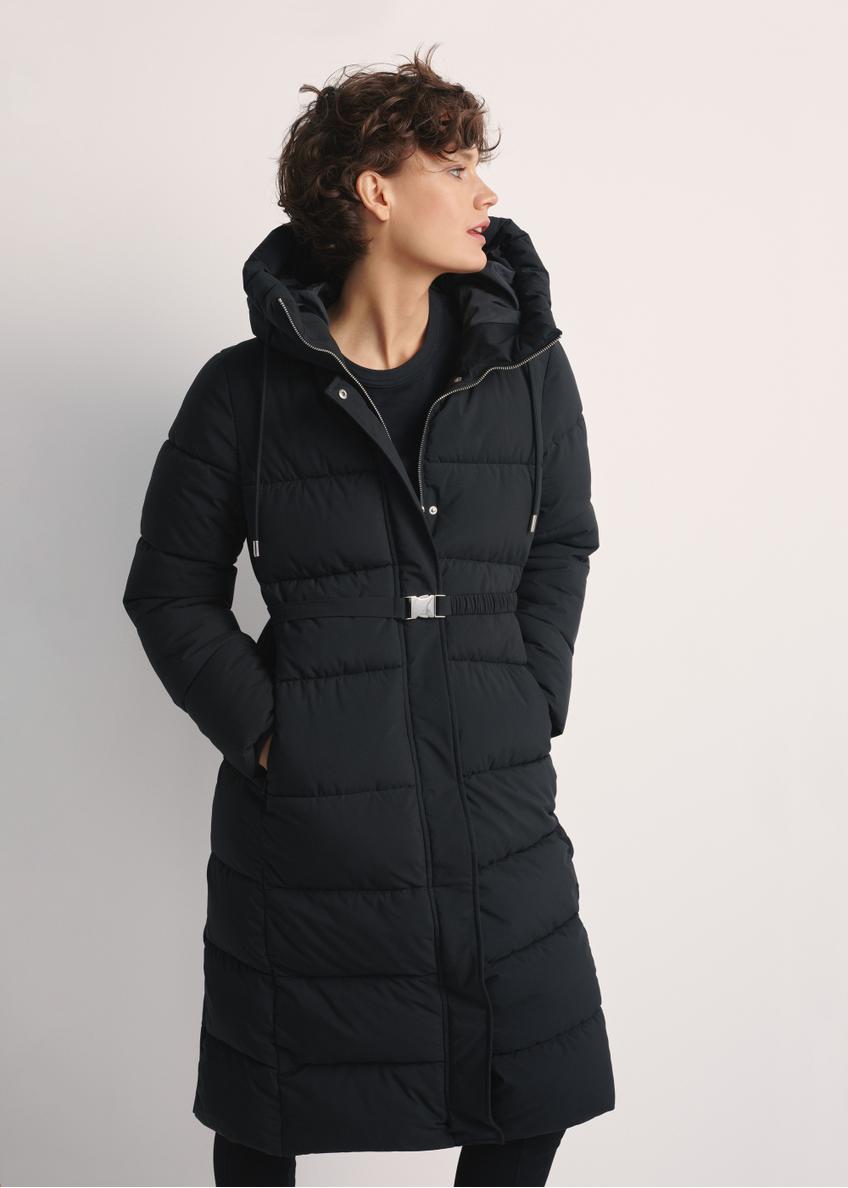 Long black women's jacket KURDT-0602-99(Z25), front view of the product on the model. Half of the silhouette visible.