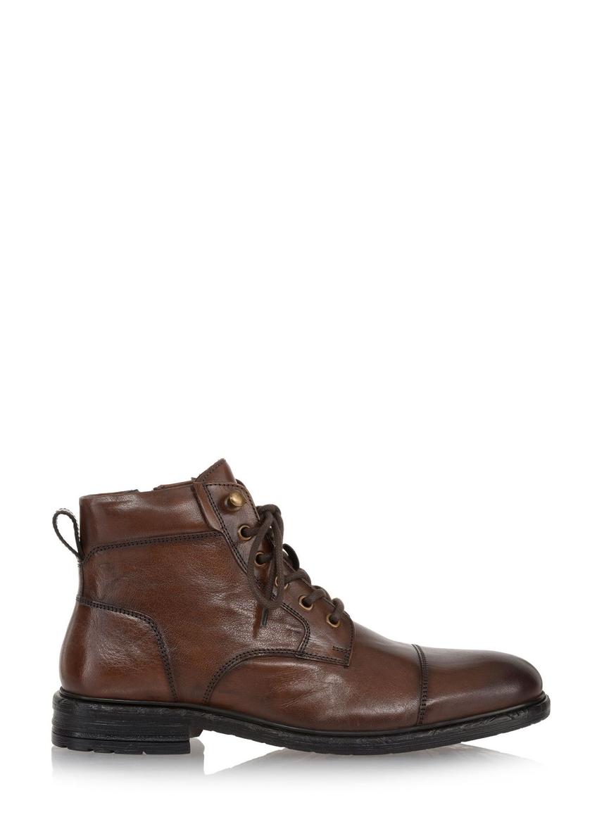 Brown men's leather ankle boots BUTYM-0404B-1I(Z26) - side view of the product, on a white background.