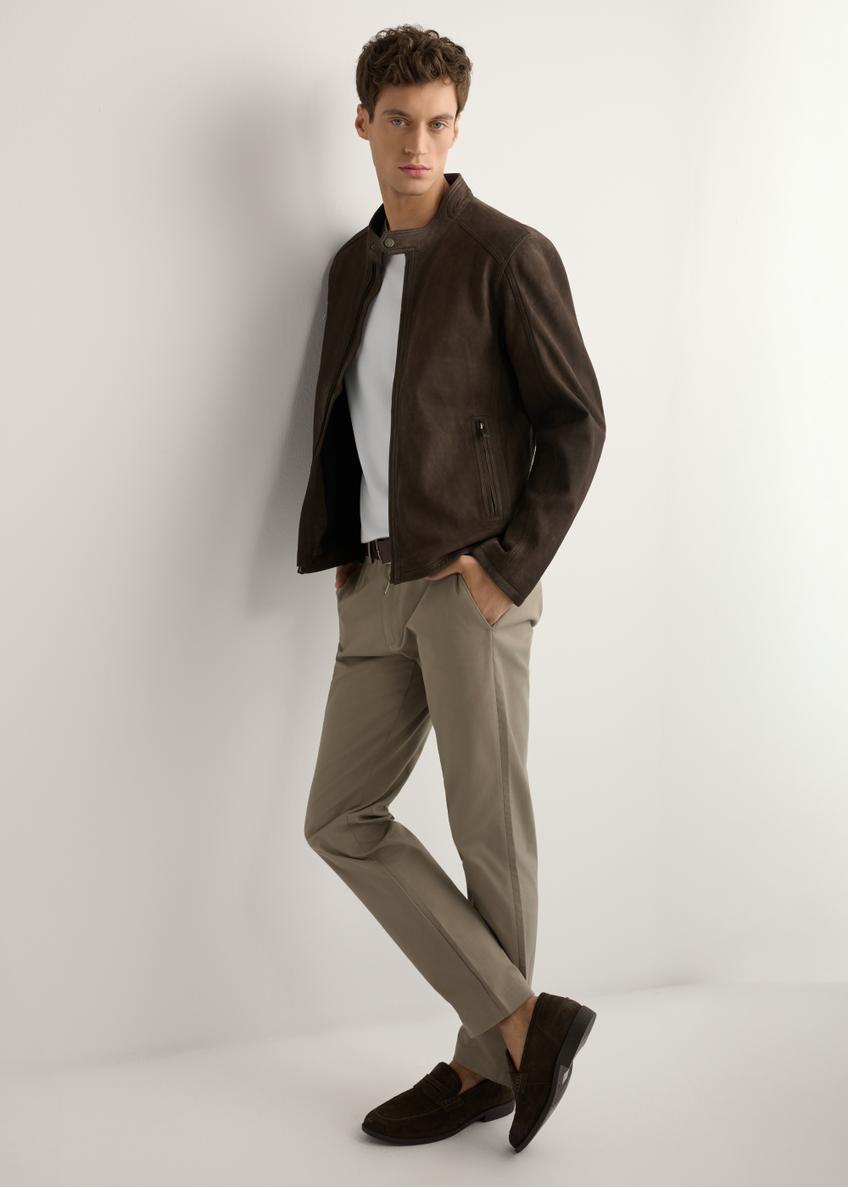 Brown men's suede jacket KURMS-0396-1I(W26) - side view of the product, on a model, against a light background. Full silhouette visible.