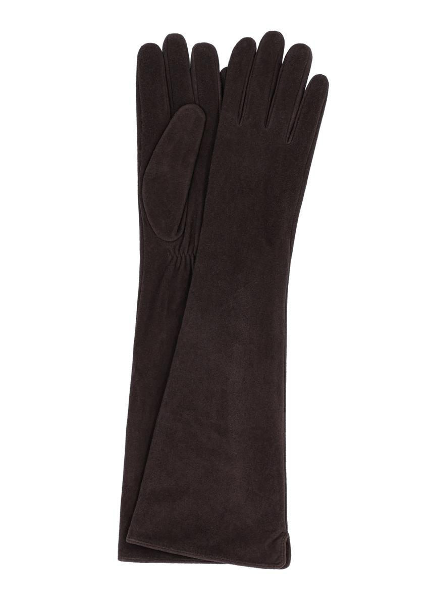 Long dark brown leather women's gloves REKDS-0088-1I(Z26), front product view on white background.