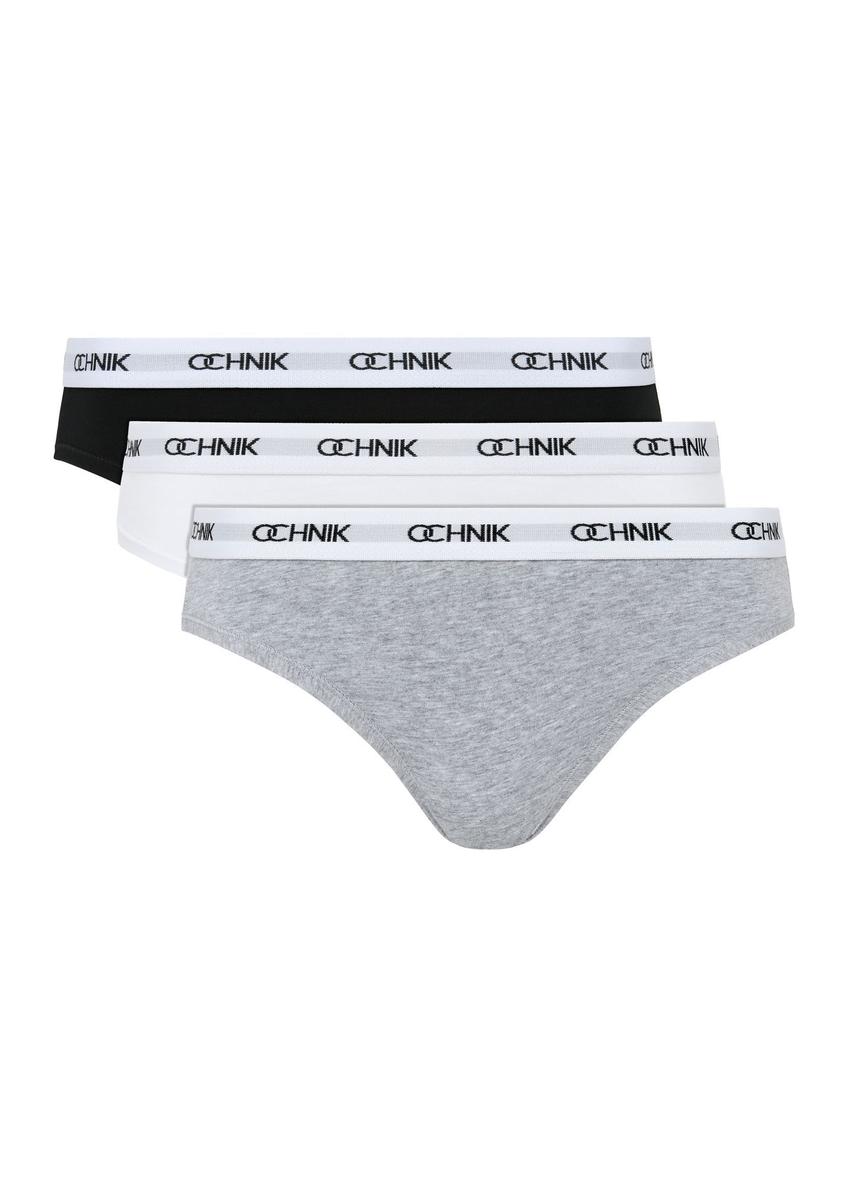 Set of women's panties in three colors ZESDS-0003-00(KS), front view of the set on a white background.