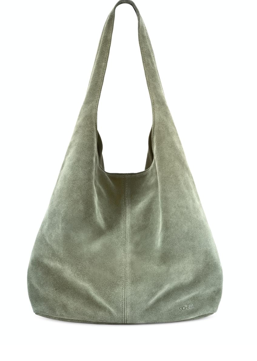 Sage suede women's shopper bag TORES-1177-8F(W26), front product view on white background.