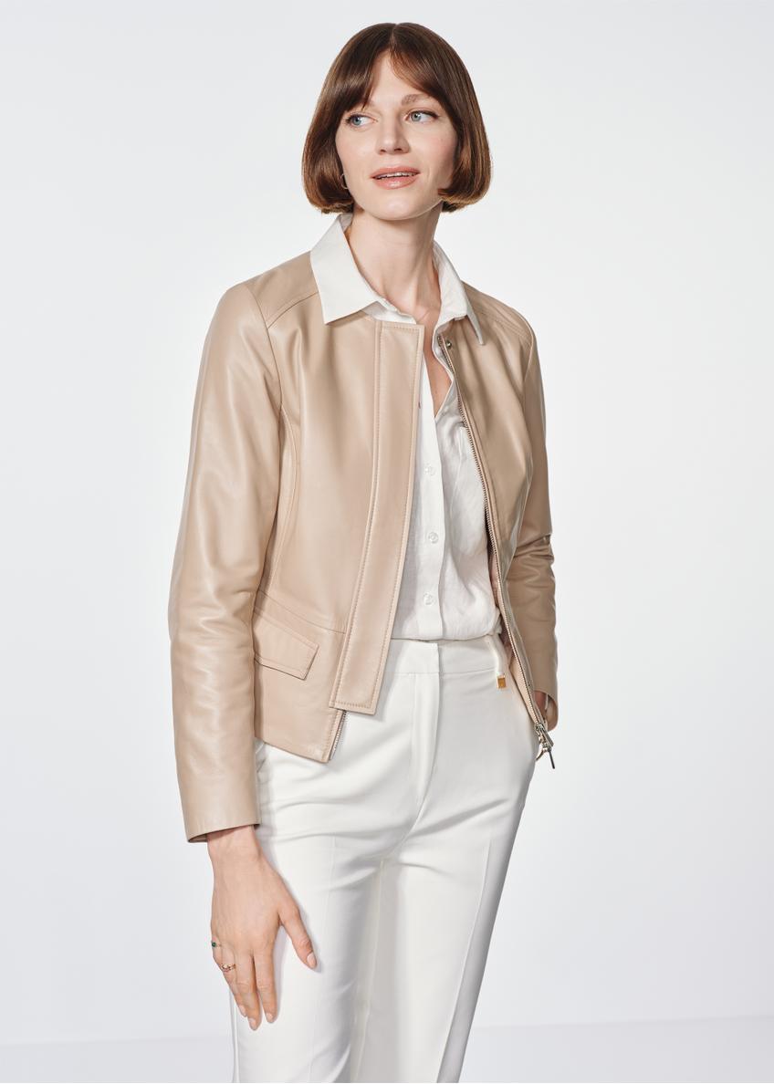 Beige leather waisted jacket for women KURDS-0483-3333(W24)-01