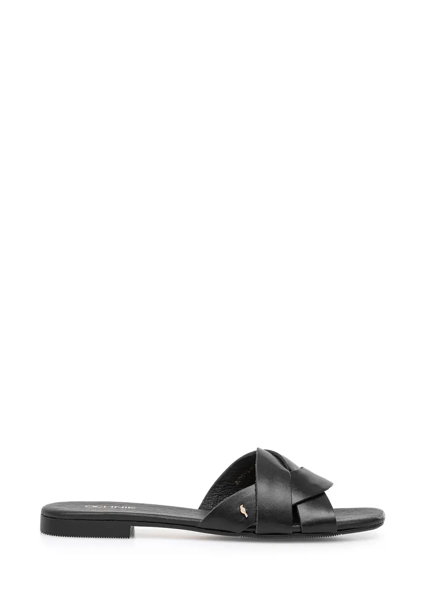 Women's leather flip-flops in black BUTYD-1159-99(W25), side view of the product on a white background.
