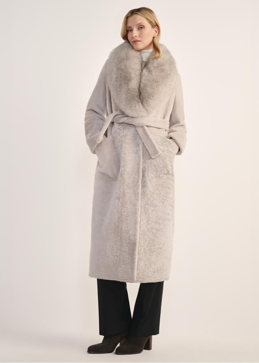 Light beige double-sided long women's sheepskin coat KOZDS-0089-3037(Z25) - front product view on a white background. Full body visible.
