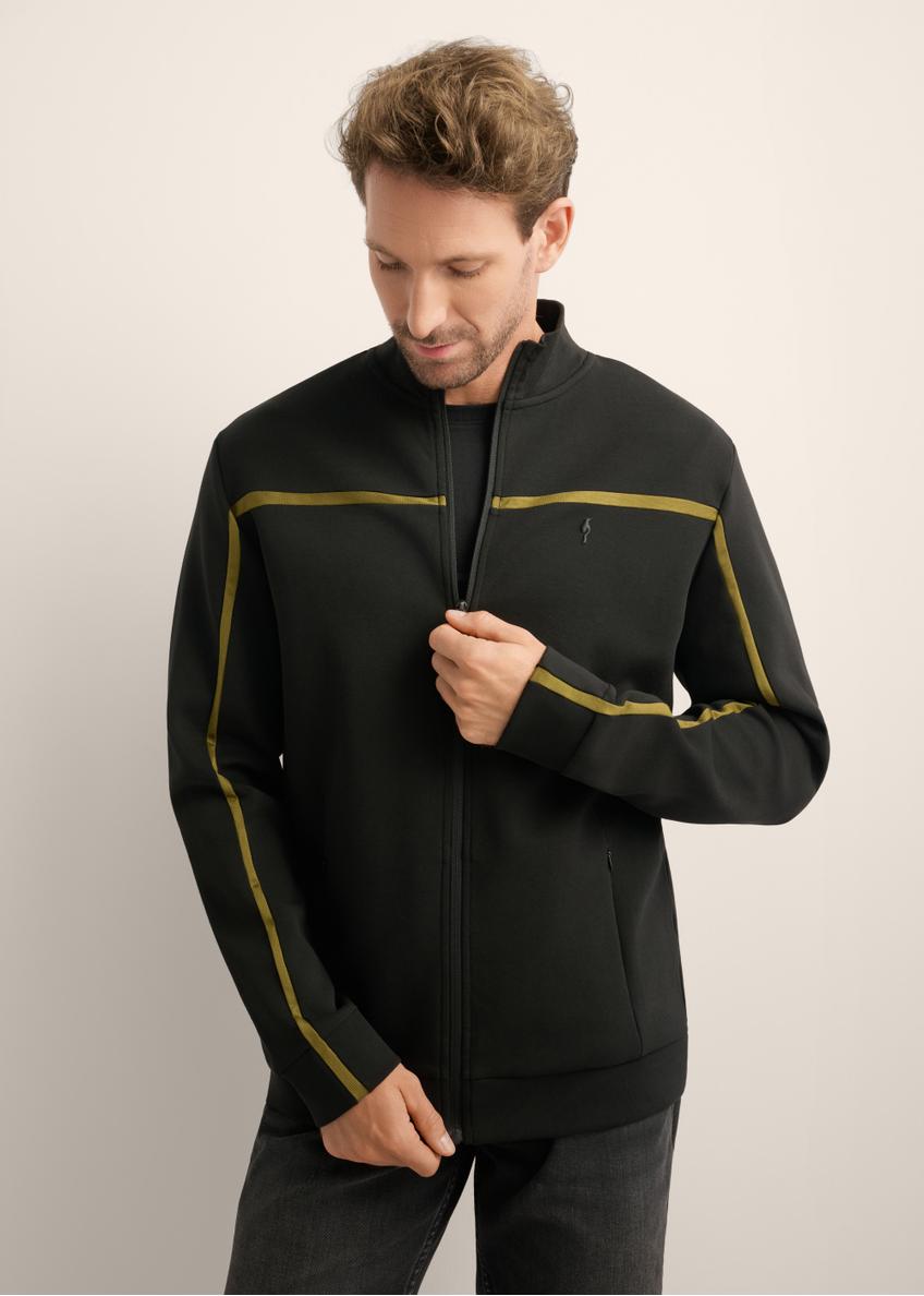 Men's black zip-up sweatshirt with stand-up collar BLZMT-0082-99(Z26), front view of the product on the model. Half of the silhouette visible.