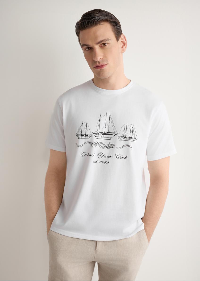 Men's white T-shirt with print TSHMT-0151-0B(W26), front view of the product on the model. Half of the silhouette visible.