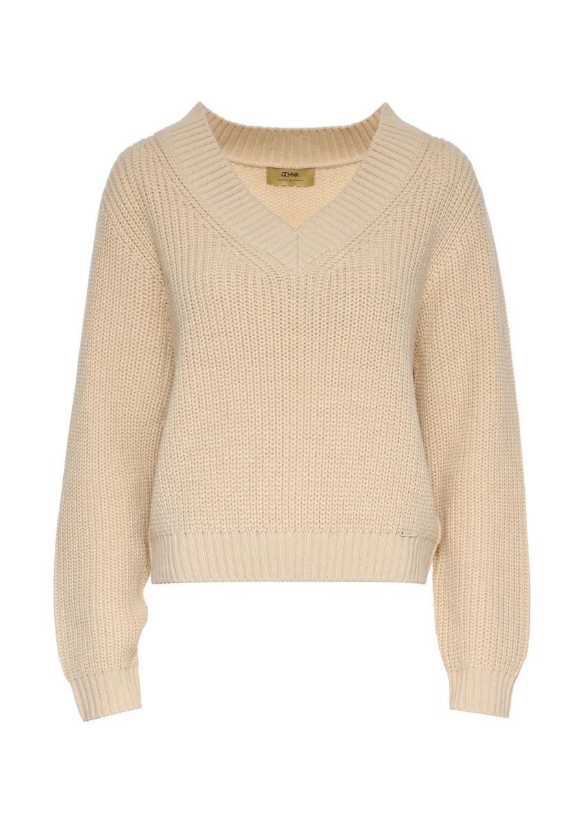 Women's beige V-neck sweater SWEDT-0162-82(Z24)-04