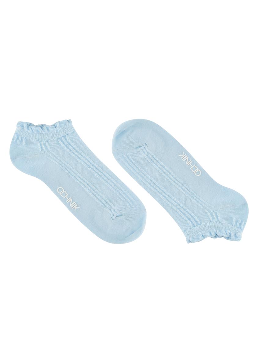 Blue women's socks SKADT-0078-7A(W26), side product view on white background.