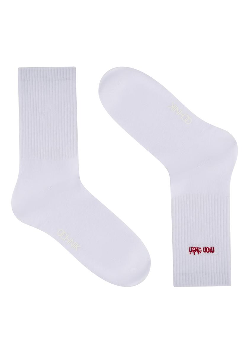 Women's white long socks SKADT-0079-0B(W26), side view of the product on a white background.