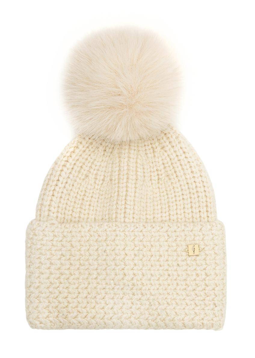 Beige women's hat with pompom CZADT-0217-81(Z25), front product view on white background.