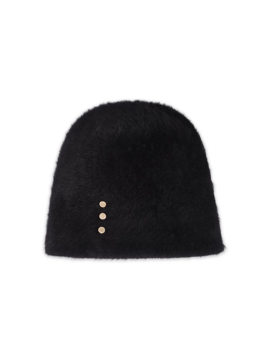 Black women's hat with rabbit fur CZADT-0023A-9E(Z26), front product view on white background.