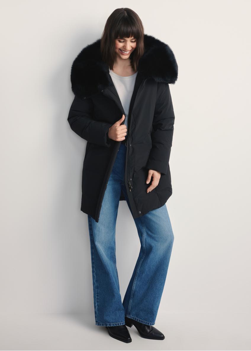 Women's black jacket with natural fox fur KURDT-0594-99(Z25) - front view of the product on a model against a white background. Full body visible.