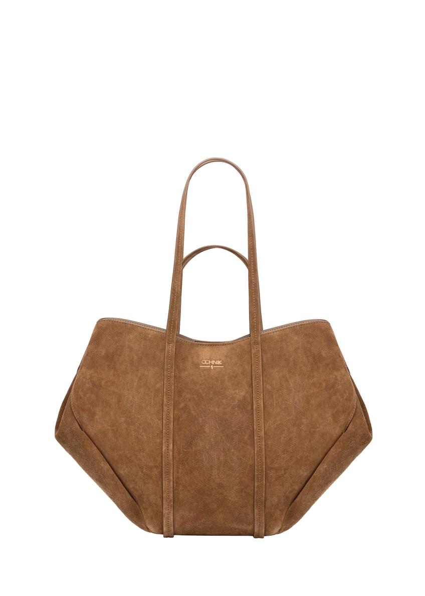 Brown suede women's handbag TORES-1305-1D(W26), front product view on white background.