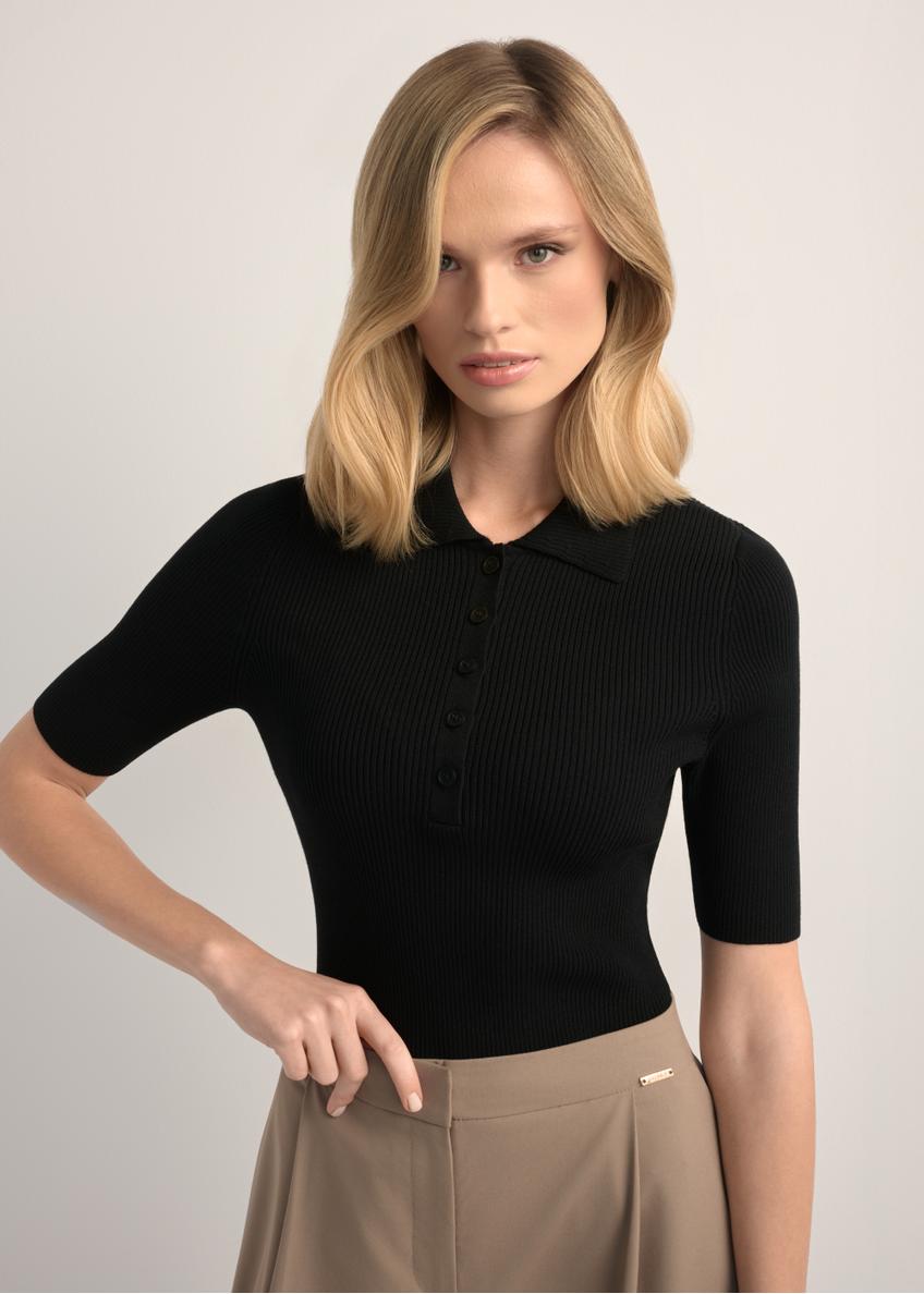 Women's ribbed short-sleeved blouse BLUDT-0200-99(W26), front view of the product on the model. Half of the silhouette visible.