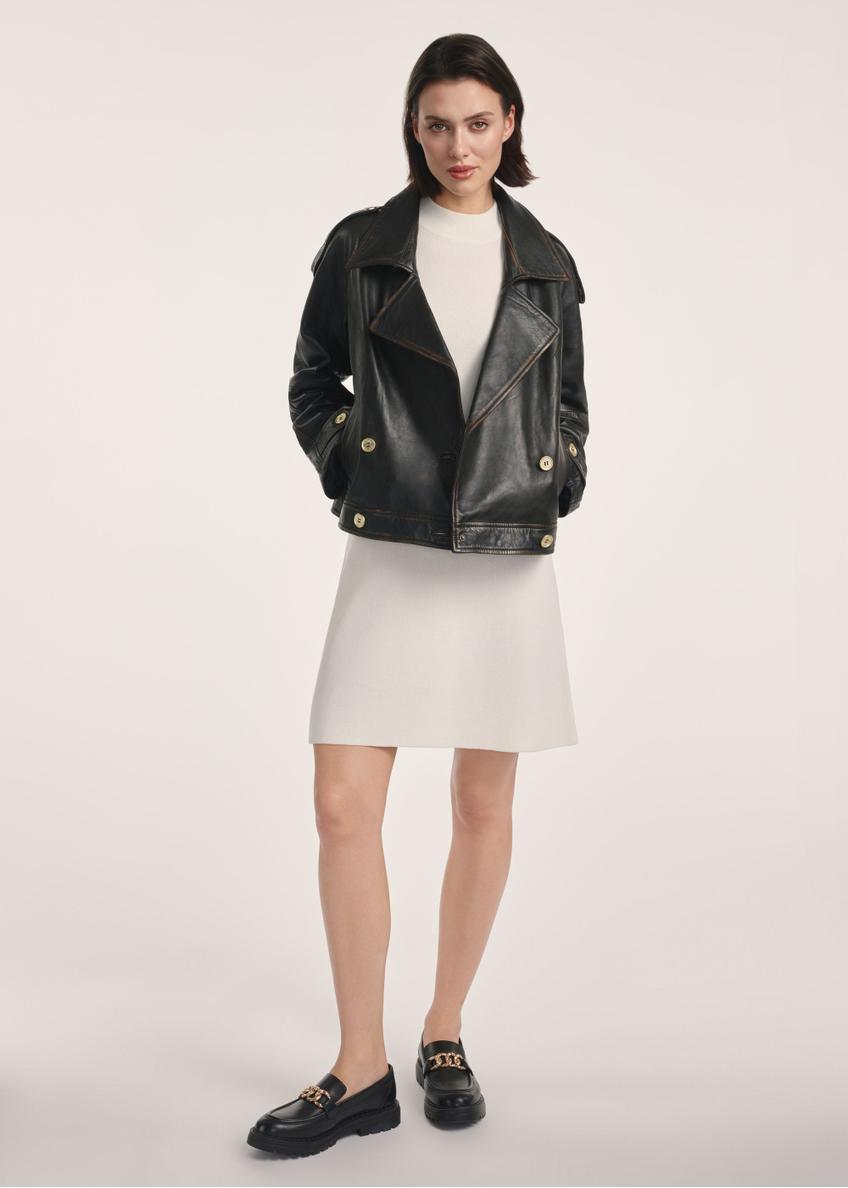 Brown oversize women's leather jacket KURDS-0553-2737(Z25), product visible from the front on the model, the entire silhouette is visible.