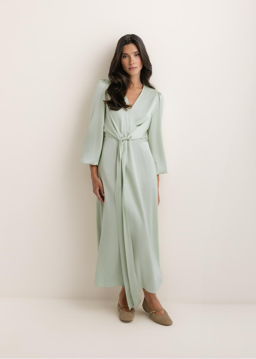 Sage midi dress SUKDT-0263-8F(W26), front view of the product on the model. Full silhouette visible.