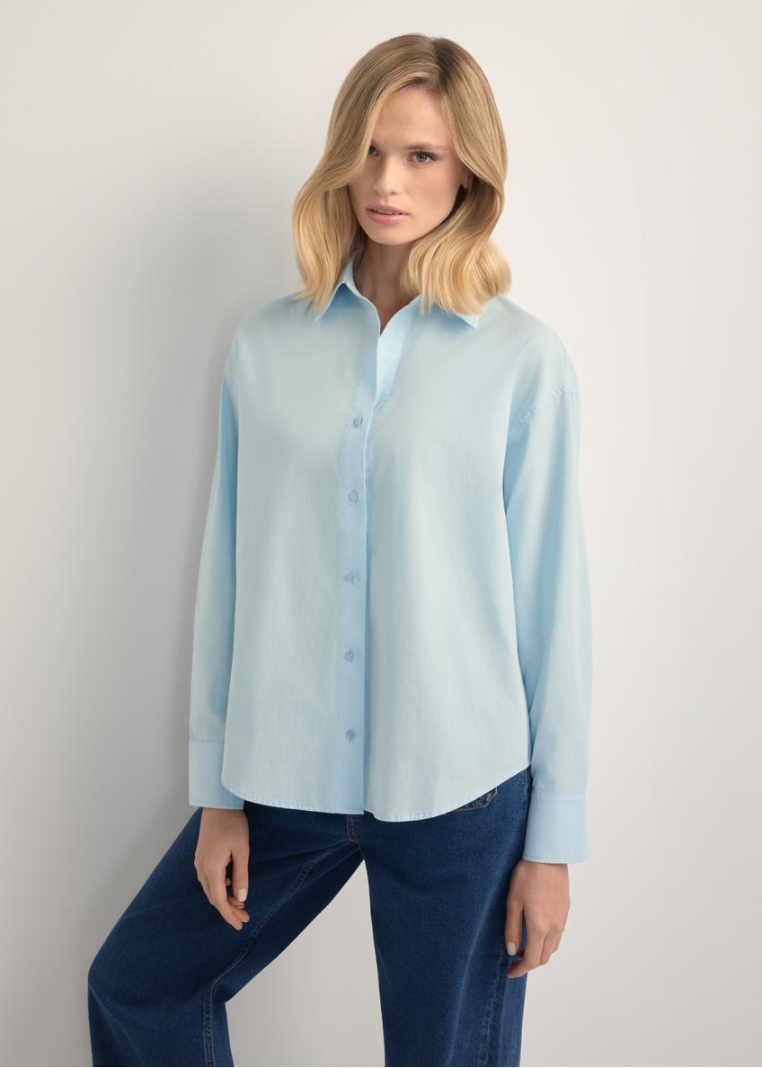 Blue cotton women's shirt KOSDT-0181-7A(W26), front view of the product on the model. Half of the silhouette visible.