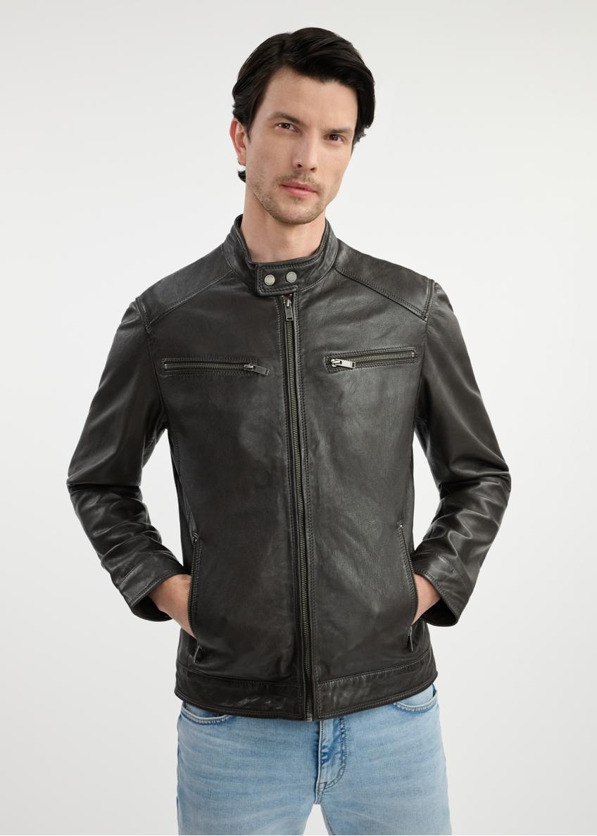 Dark brown men's leather jacket KURMS-0326-1364(W25) - front view on model on white background. Half of the silhouette visible.