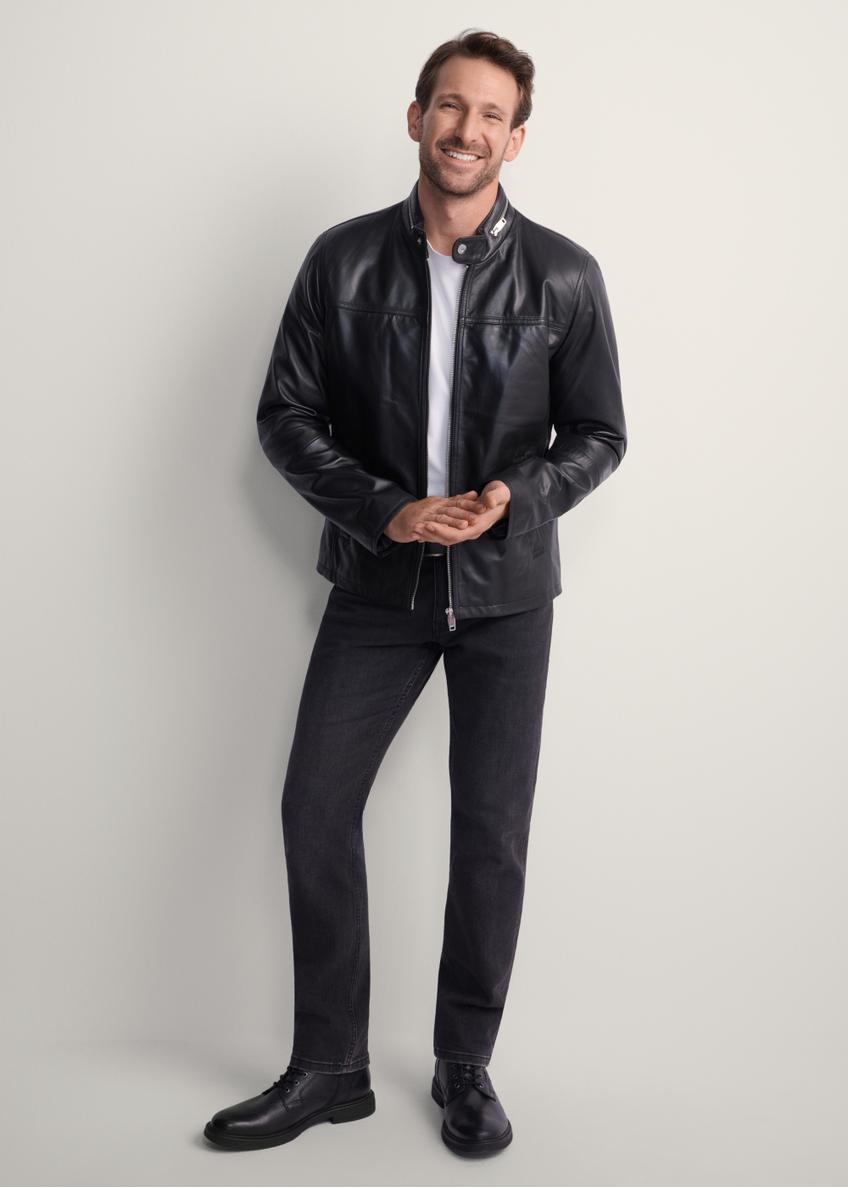 Men's leather jacket with stand-up collar KURMS-0261-5491(KS), front product view on model. Full-length silhouette visible.