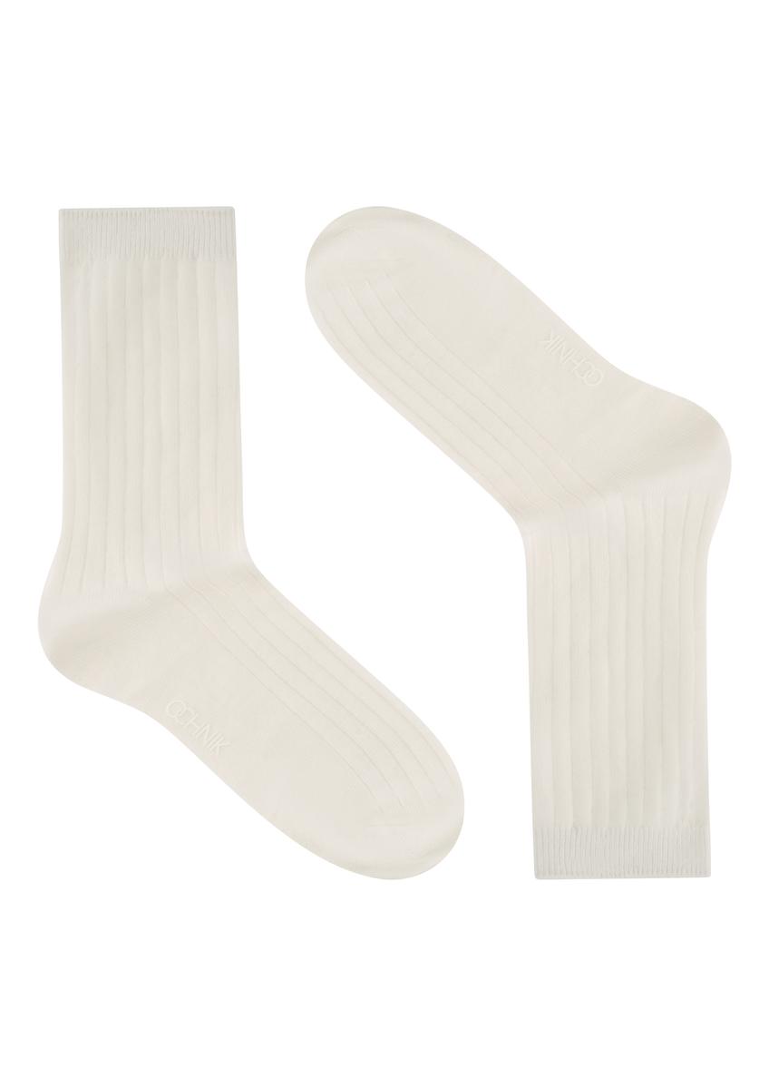 Women's white ribbed long socks SKADT-0072-0B(W26), side product view on white background.