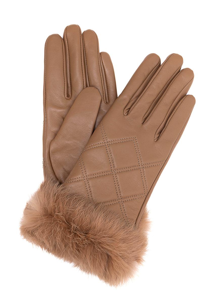 Women's leather gloves with rabbit fur REKDS-0071A-81(Z25), front product view on white background.