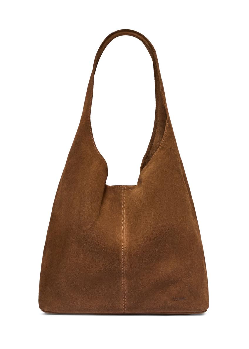 Cognac suede shopper bag TORES-1403-1F(Z26) - front product view, on white background.