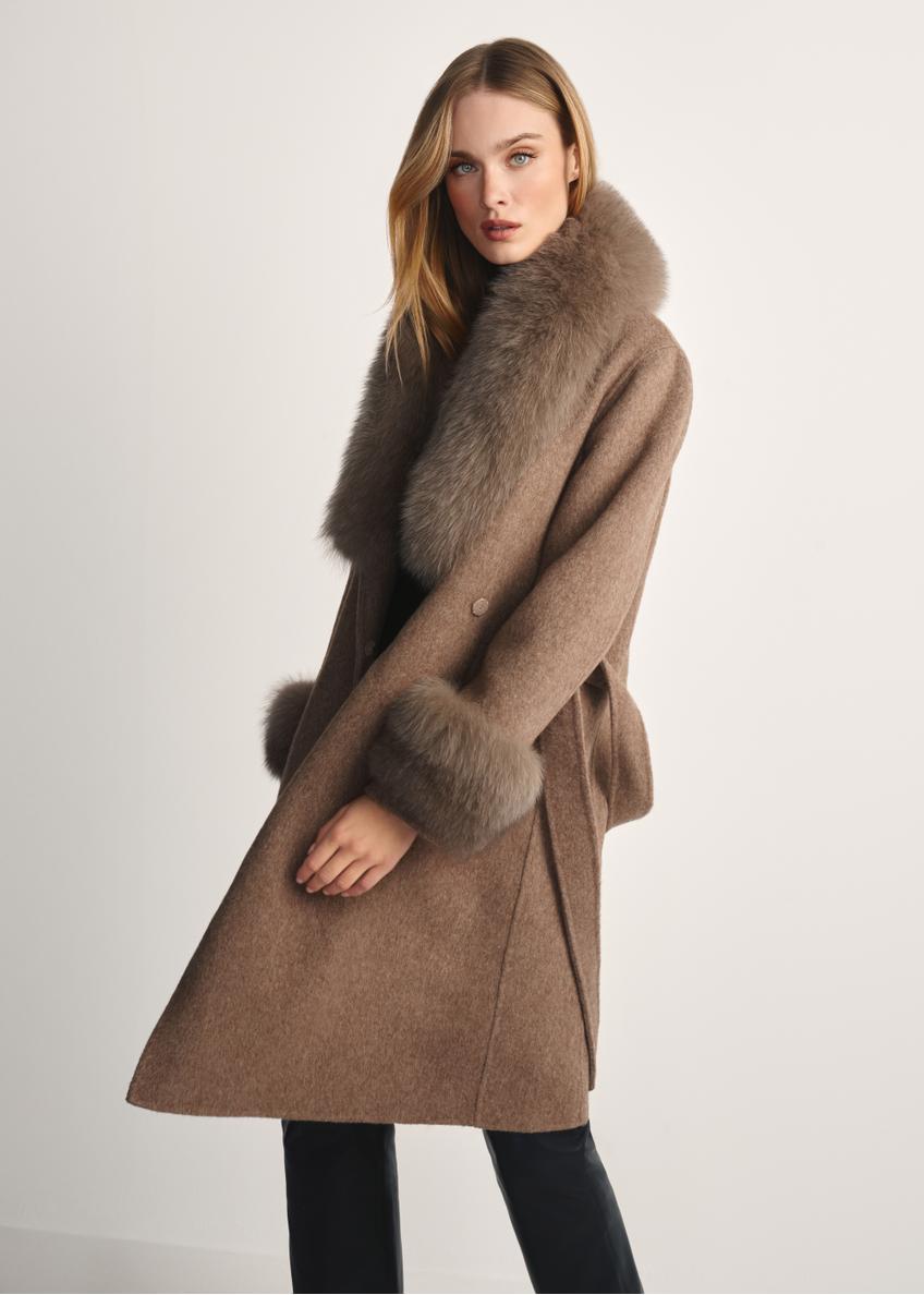 Long woolen women's fur coat in camel color FUTDF-0112-3181(Z25) - front view of the product on the model on white. Visible silhouette to the knee.