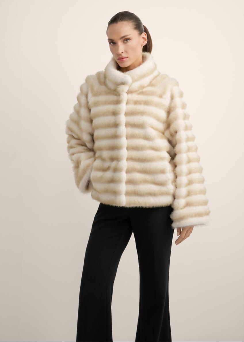 Light beige women's fur coat FUTDP-0081-1A(Z26) - front view of the product, against a light background. Knee-length silhouette visible.